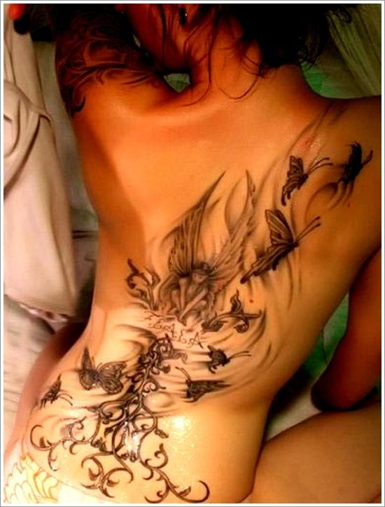 Black And Grey Fairy With Fairy Dust And Flying Butterflies Tattoo On Full Back