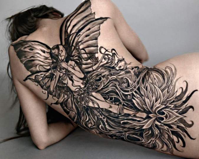 Black And Grey Fairy With Flowers Tattoo On  Girl Full Back