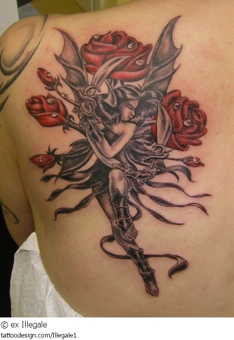 Black And Grey Fairy With Roses Tattoo On Girl Left Back Shoulder
