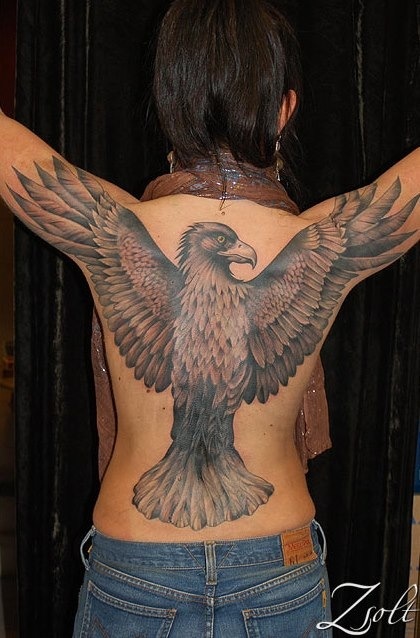Black And Grey Flying Eagle Tattoo On Full Back