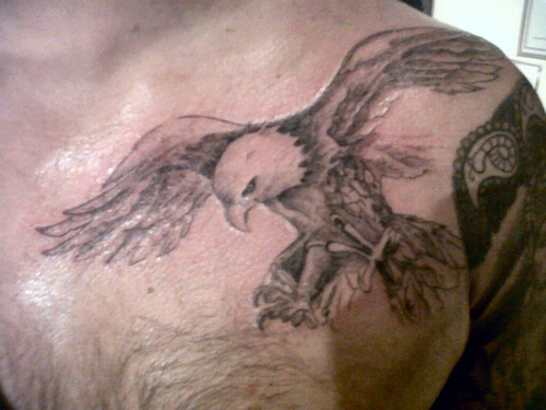 Black And Grey Flying Eagle Tattoo On Left Front Shoulder