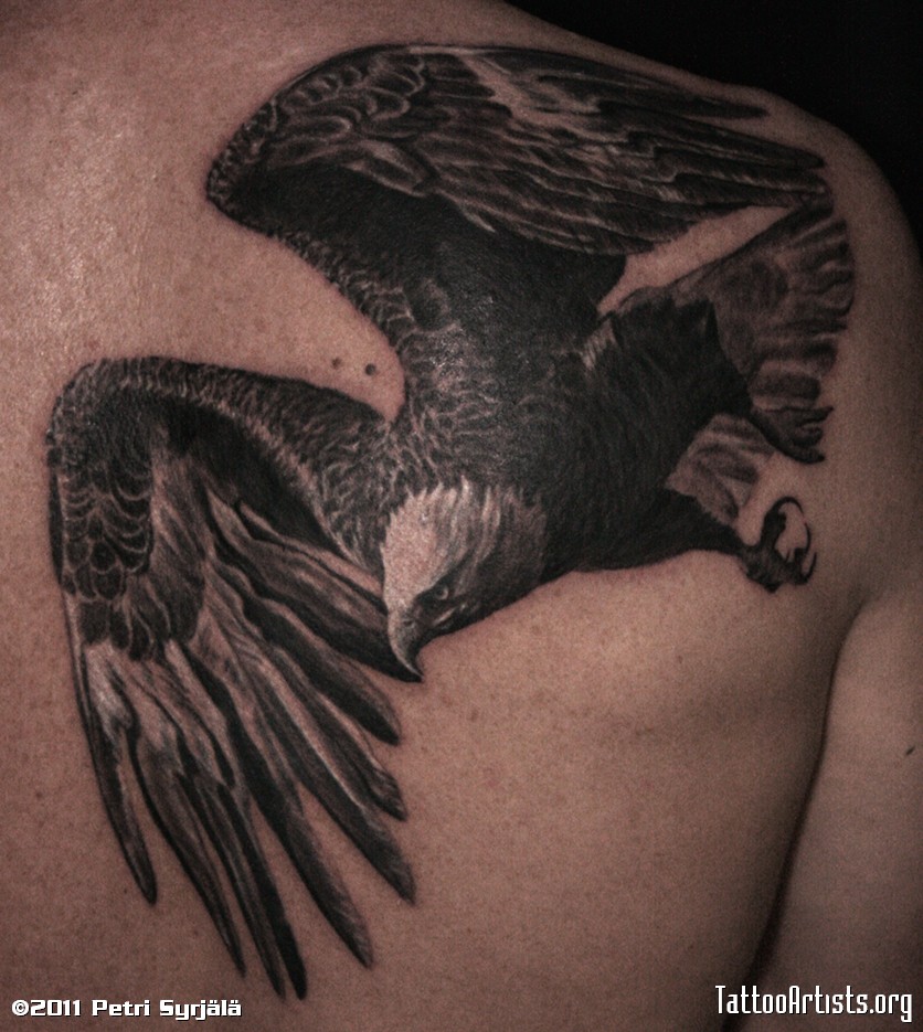 Black And Grey Flying Eagle Tattoo On Right Back Shoulder