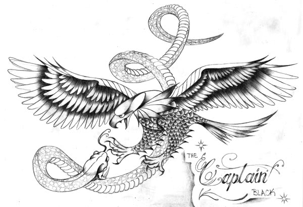 Black And Grey Flying Eagle With Snake Tattoo Design