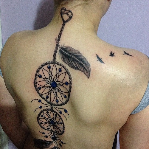 Black And Grey Ink Dreamcatcher Tattoo With Birds On Back