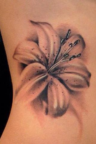 Black And Grey Lily Flower Cover Up Tattoo On Right Side Rib