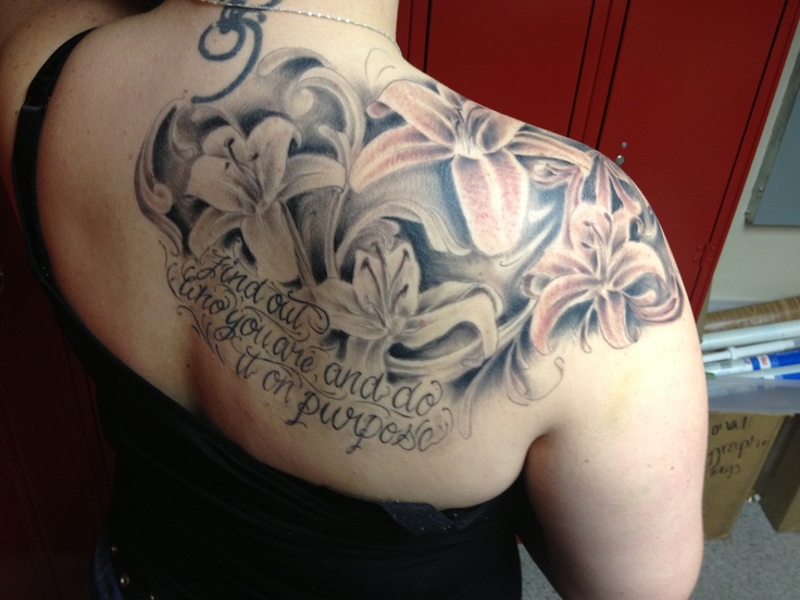 Black And Grey Lily Flowers Tattoo On Women Right Back Shoulder
