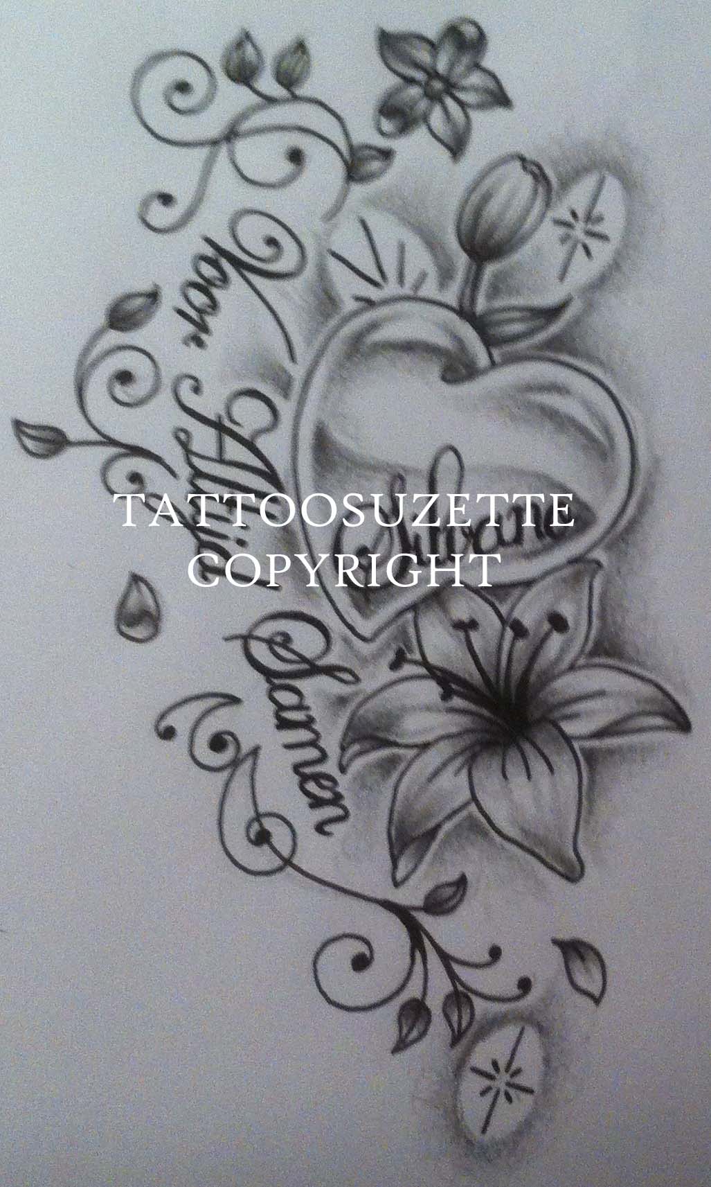 Black And Grey Lily Flowers With Butterflies Tattoo Design