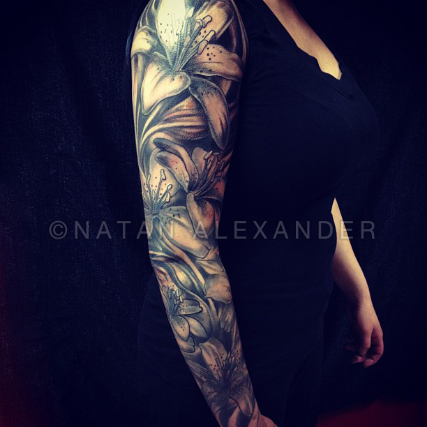Black And Grey Lily Tattoo On Girl Full Sleeve