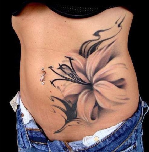 Black And Grey Lily Tattoo On Girl Hip