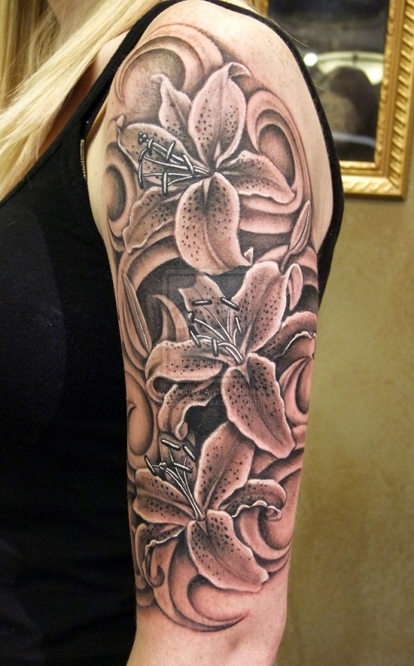 Black And Grey Lily Tattoo On Girl Left Half Sleeve