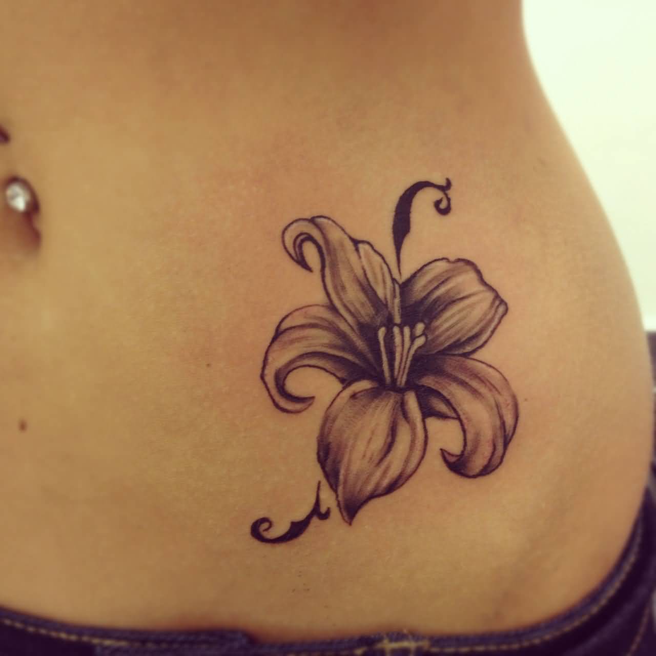 Black And Grey Lily Tattoo On Hip For Girls