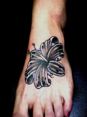 Black And Grey Lily Tattoo On Left Foot For Girls