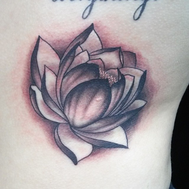 Black And Grey Lotus Flower Tattoo Design For Side Rib