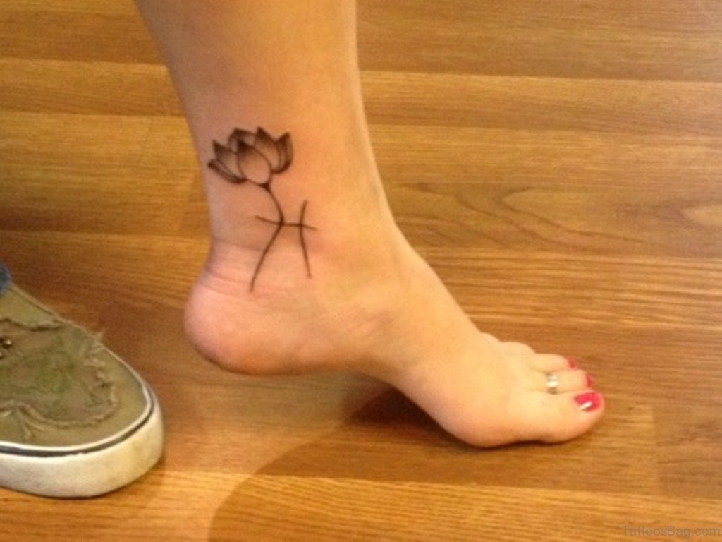 Black And Grey Lotus Flower Tattoo On Girl Left Foot Ankle