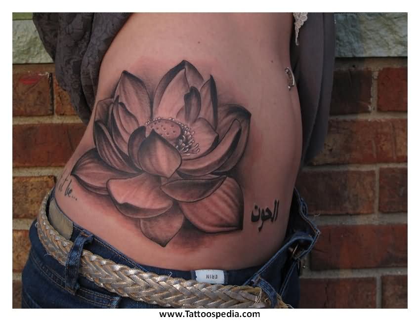 Black And Grey Lotus Flower Tattoo On Girl Right Side Rib