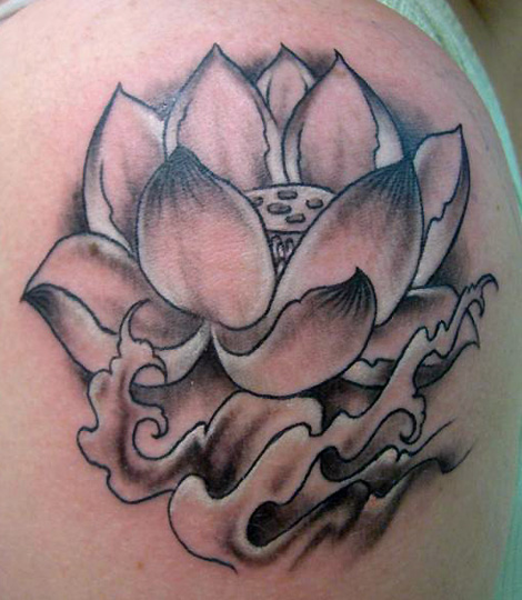 Black And Grey Lotus Flower Tattoo On Left Shoulder By Alex Vidaud