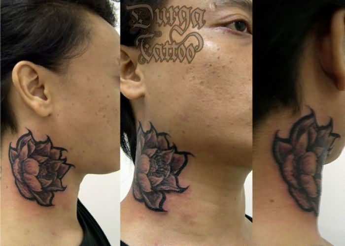 Black And Grey Lotus Flower Tattoo On Man Side Neck