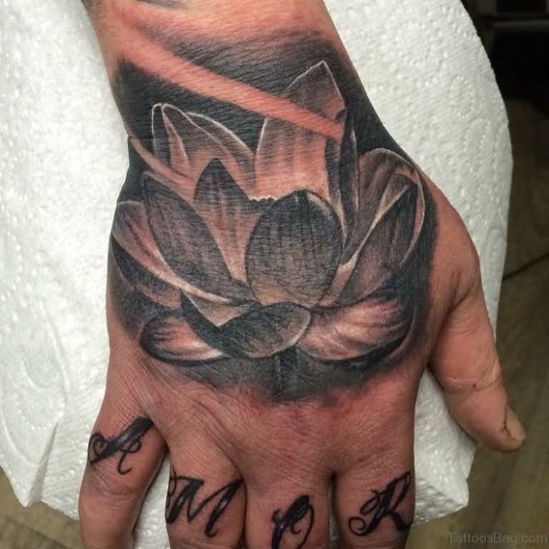 Black And Grey Lotus Flower Tattoo On Right Hand