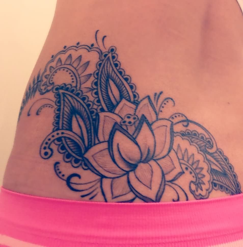 Black And Grey Lotus Flower Tattoo On Right Hip