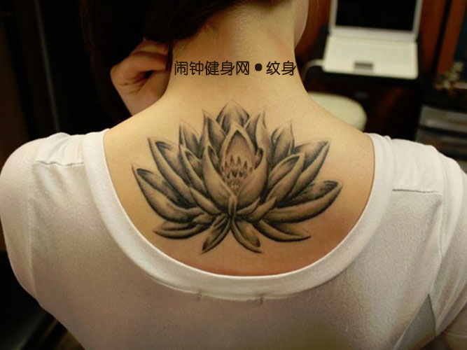 Black And Grey Lotus Flower Tattoo On Upper Back