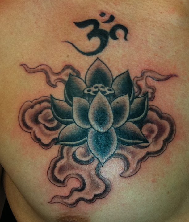 Black And Grey Lotus Flower With Om Tattoo On Left Chest