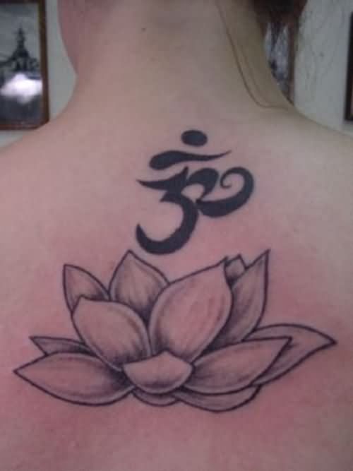 Black And Grey Lotus Flower With Om Tattoo On Upper Back