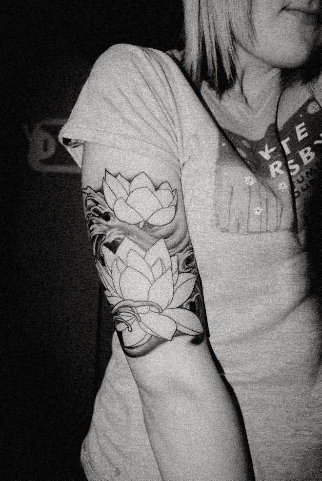 Black And Grey Lotus Flowers Tattoo On Girl Right Half Sleeve