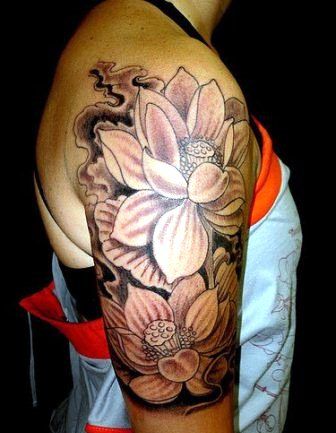 Black And Grey Lotus Flowers Tattoo On Right Half Sleeve