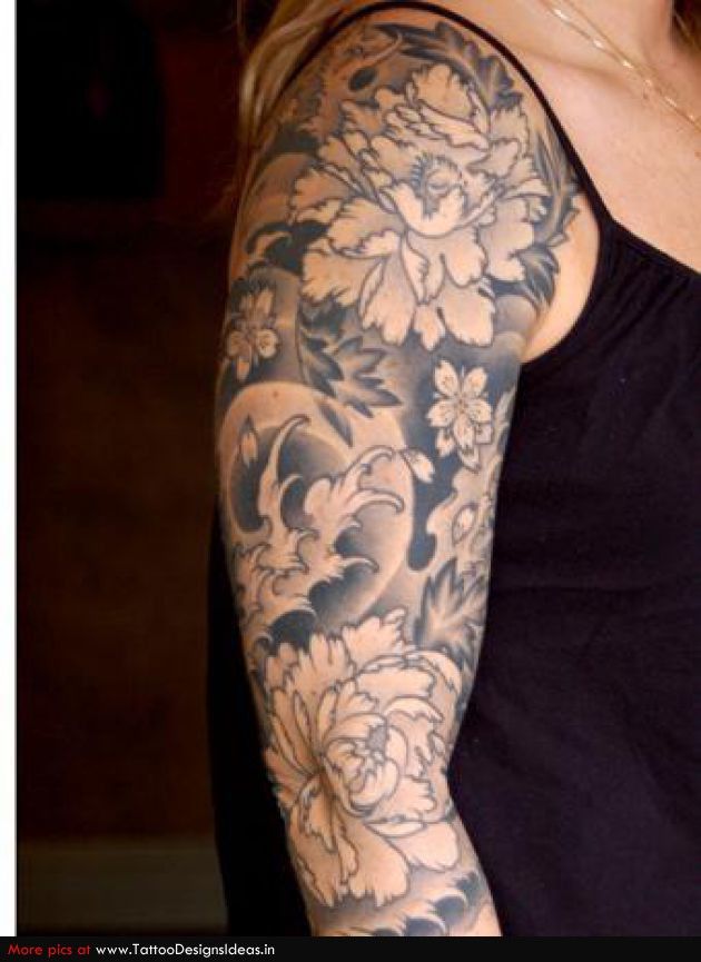 Black And Grey Lotus Flowers Tattoo On Women Right Full Sleeve