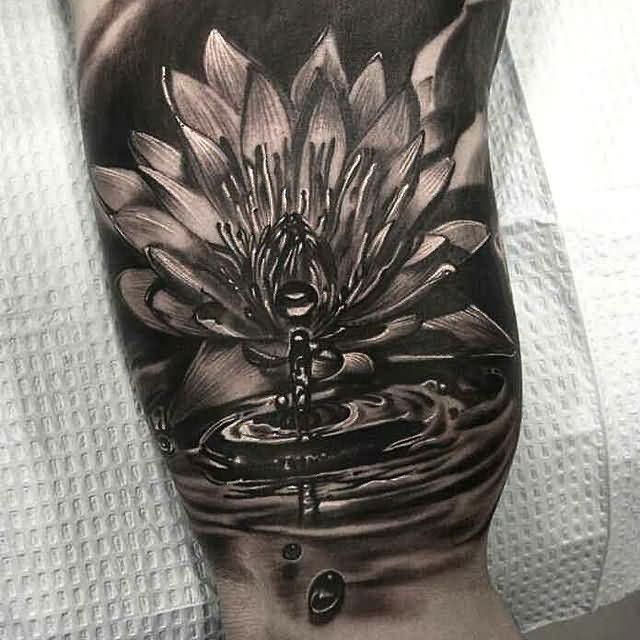 Black And Grey Lotus In Water Tattoo Design For Half Sleeve