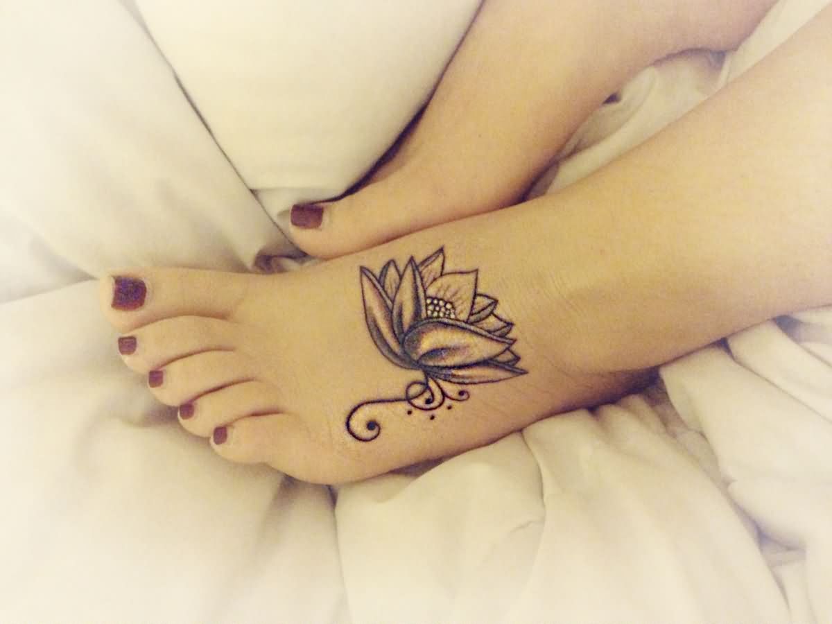 Black And Grey Lotus Tattoo On Girl Left Foot