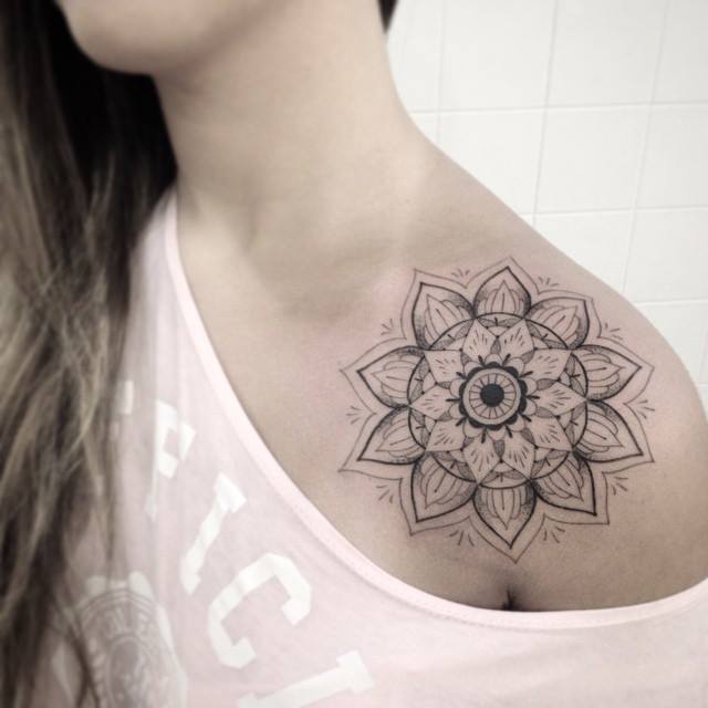 Black And Grey Mandala Lotus Tattoo On Girl Left Front Shoulder By Ivy Saruzi