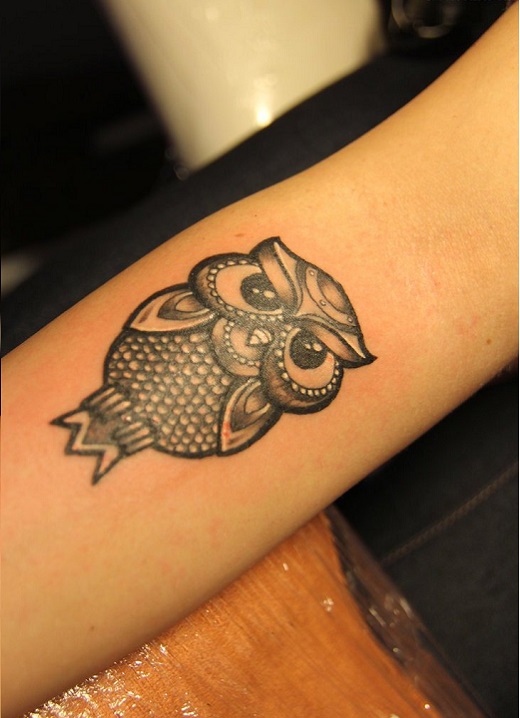 Black And Grey Owl Tattoo Design For Wrist