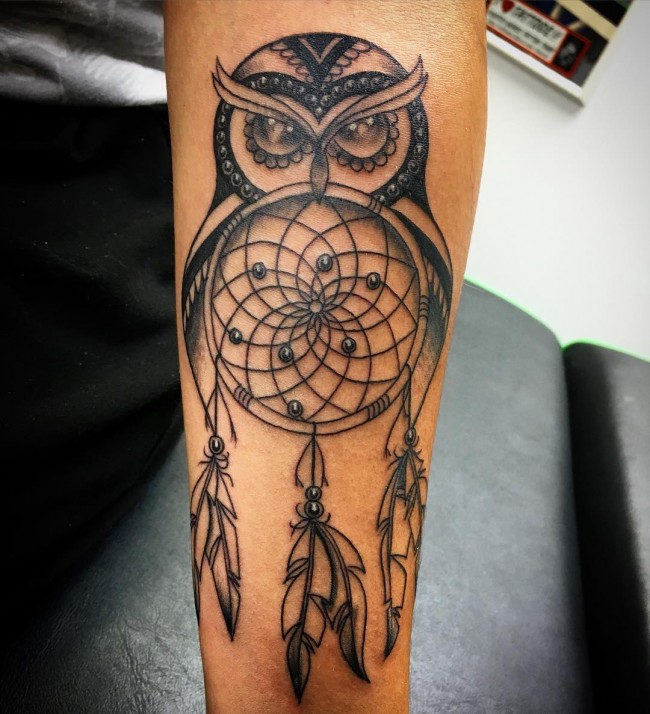 Black And Grey Owl With Dreamcatcher Tattoo on Arm Sleeve