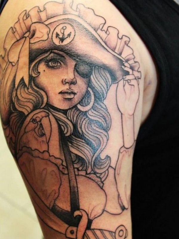 Black And Grey Pirate Girl Tattoo On Right Half Sleeve