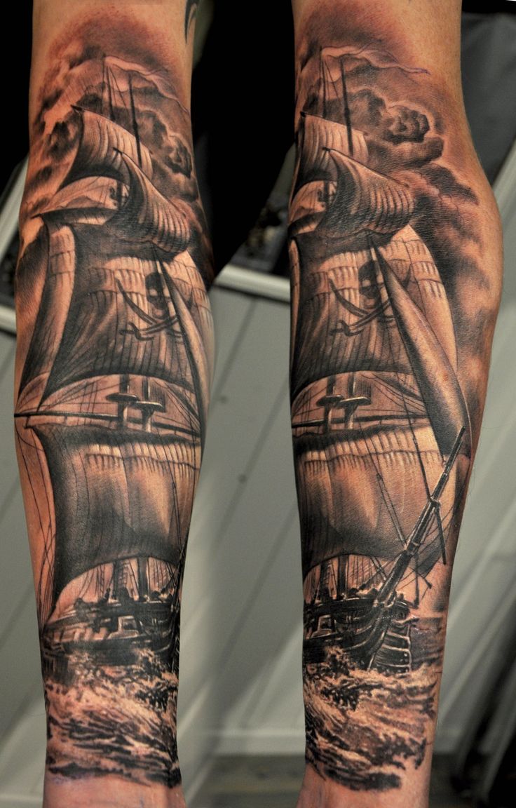 Black And Grey Pirate Ship Tattoo Design For Sleeve
