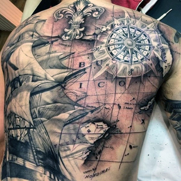 Black And Grey Pirate Ship With Map Tattoo On Full Back