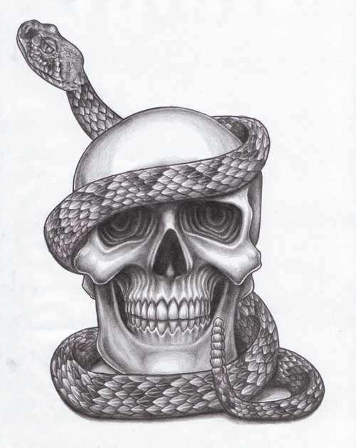 Black And Grey Rattlesnake With Skull Tattoo Design