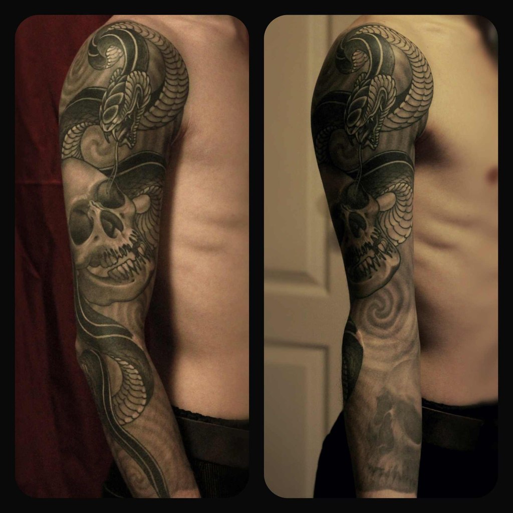 Black And Grey Rattlesnake With Skull Tattoo On Man Right Full Sleeve