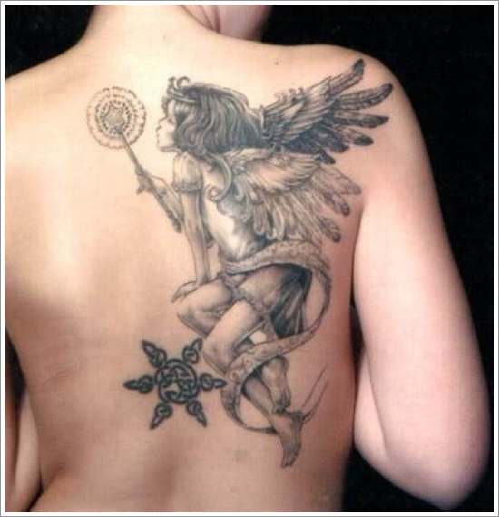 Black And Grey Realistic Fairy Tattoo On Upper Back
