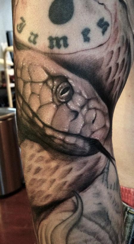 Black And Grey Realistic Snake Tattoo Design For Sleeve