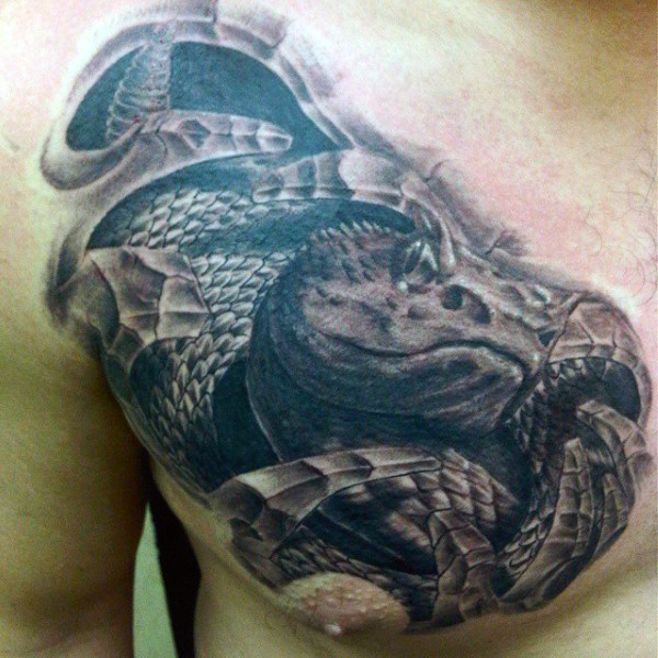 Black And Grey Realistic Snake Tattoo On Man Right Chest