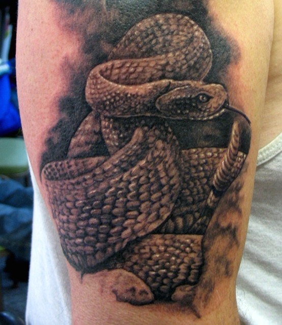 Black And Grey Realistic Snake Tattoo On Man Right Half Sleeve