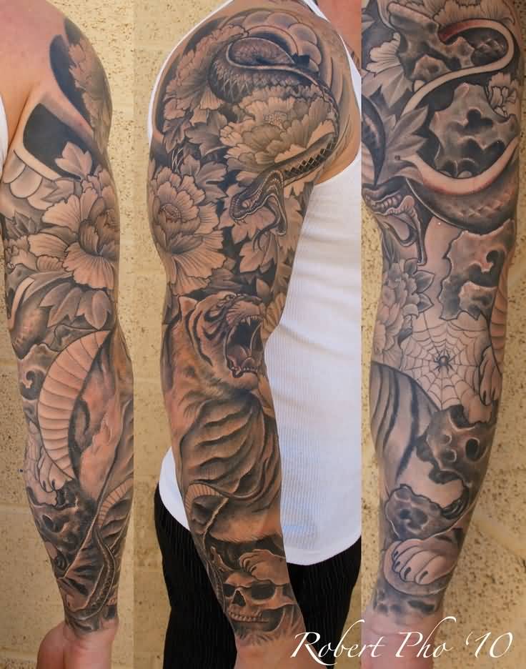 Black And Grey Snake And Tiger And Flowers Tattoo On Man Right Full Sleeve