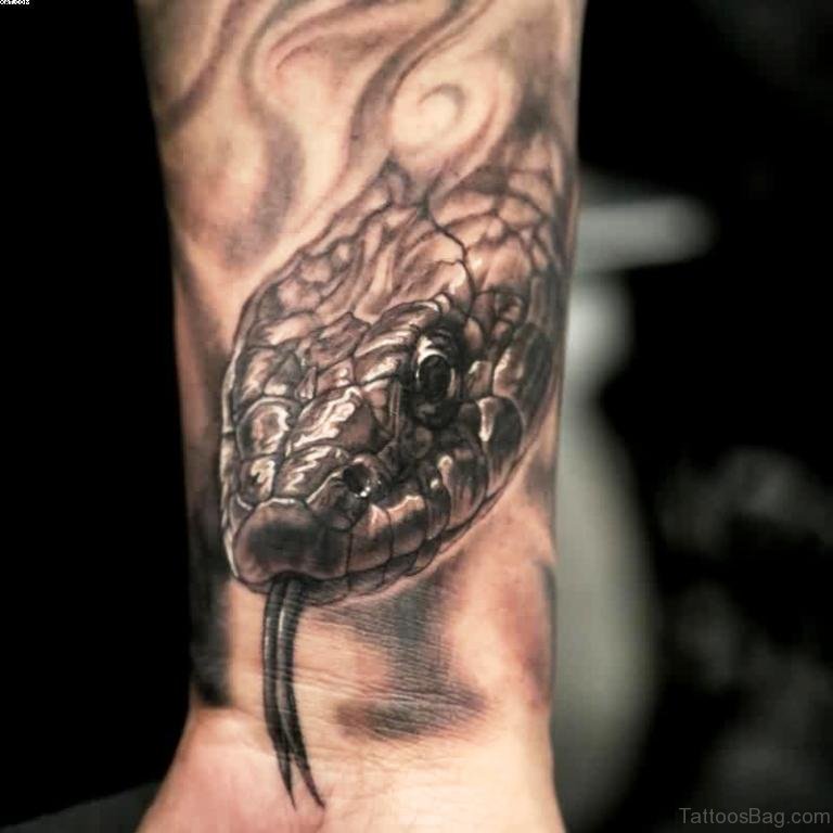 Black And Grey Snake Head Tattoo On Wrist