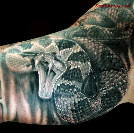 Black And Grey Snake Tattoo Design For Half Sleeve