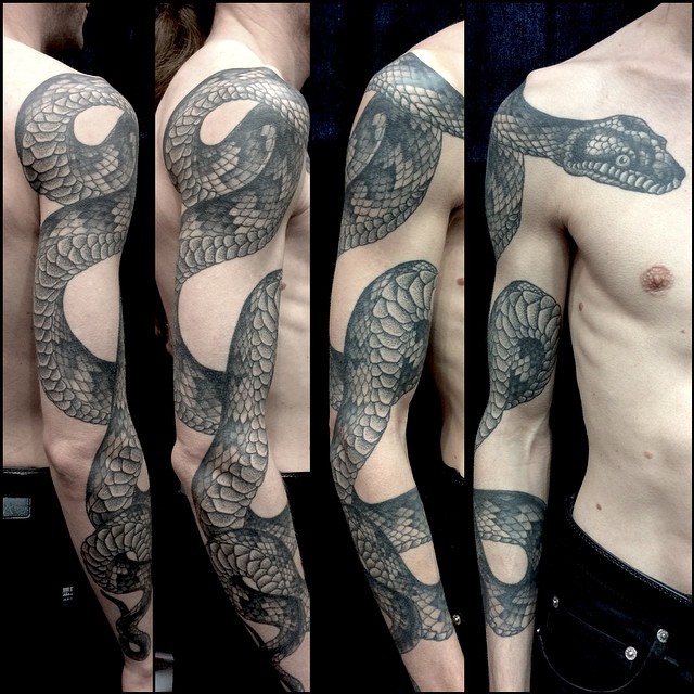 Black And Grey Snake Tattoo On Man Right Full Sleeve