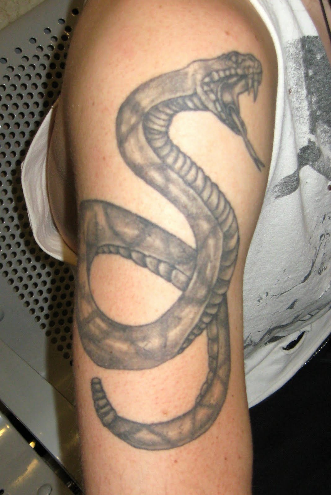 Black And Grey Snake Tattoo On Right Upper Arm