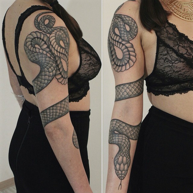 Black And Grey Snake Tattoo On Women Right Full Sleeve
