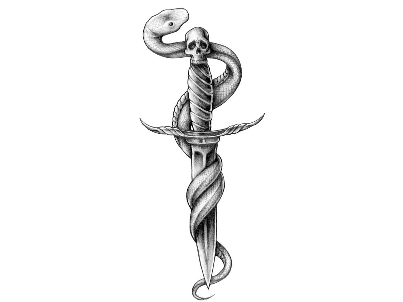 Black And Grey Snake With Dagger Tattoo Design